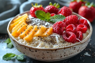 Chia seed pudding with raspberries, mango, and coconut in a ceramic bowl.
