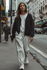 Fototapeta premium A woman walking down the street in a black and white jacket. Suitable for urban lifestyle concepts