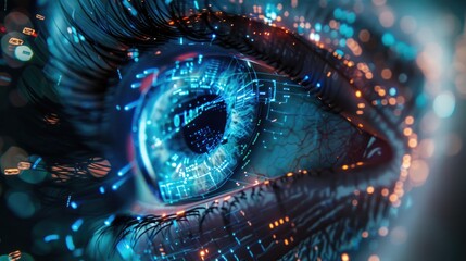 Close-up of an eye with city skyline in background, great for urban themes