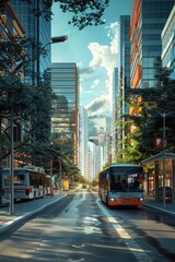 Urban scene with bus driving by tall buildings. Suitable for transportation concepts - obrazy, fototapety, plakaty
