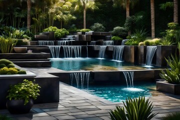 Modern outdoor home water feature fountain waterfall - obrazy, fototapety, plakaty