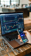 Stock trading investor, trader or broker using crypto exchange platform app on smartphone analysing exchange market chart investing money in financial market on mobile screen with phone and laptop.