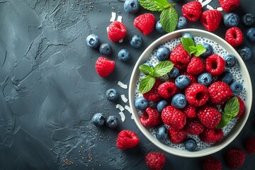 Chia pudding with raspberries, blueberries, and mint on a black surface.  