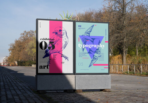 Mockup of two customized vertical freestanding signs