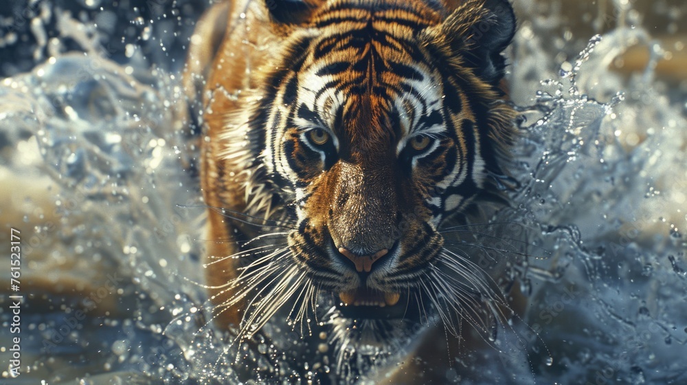 Poster a powerful tiger running through the water. suitable for wildlife and nature concepts