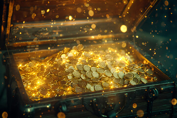 An enticing image of an open chest overflowing with gleaming gold treasures, evoking a sense of wealth, adventure, and discovery.  - obrazy, fototapety, plakaty