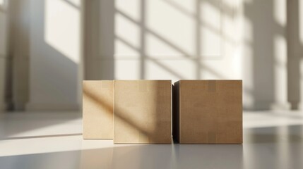 Two brown boxes on a white floor, suitable for packaging and storage concepts