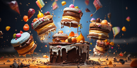 Delicious cakes fall on table. Sweet desserts fly to sides. Explosion of desserts with buttercream - obrazy, fototapety, plakaty