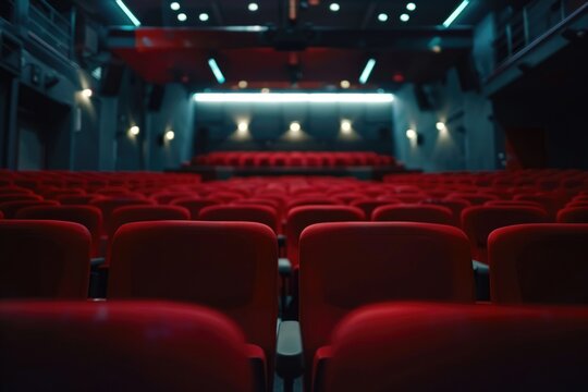 A picture of an empty theater with red seats. Ideal for illustrating concepts of performance spaces