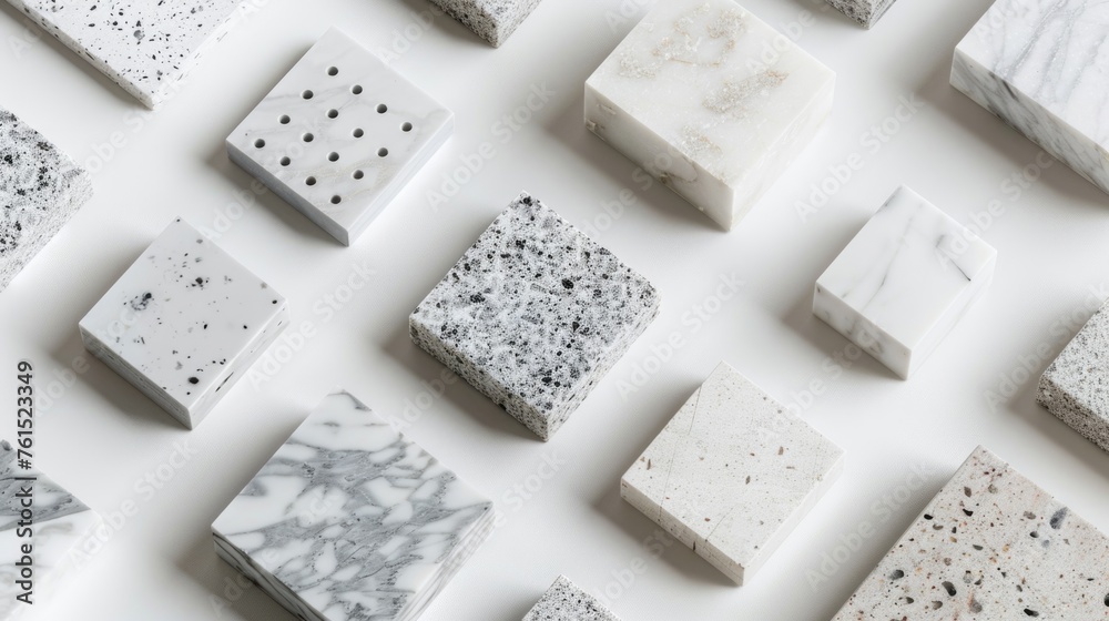 Poster A collection of marble blocks on a table, suitable for architectural or design concepts