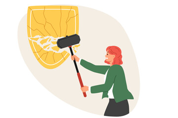 Woman breaks huge shield with sledgehammer, destroying protection of competitors business from unauthorized entry. Strong, ambitious girl bravely breaks enemies defenses to achieve goal.