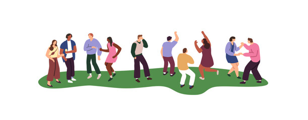 Crowd dances on open air music festival. Group of friends fun in park. Men and women stand, communicate in public place. Summer holiday event. Flat isolated vector illustration on white background