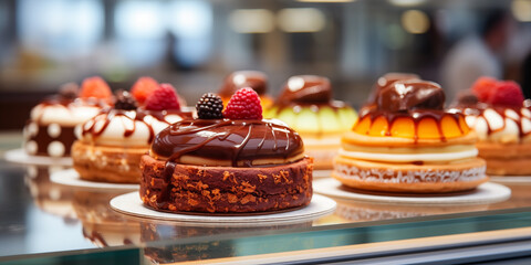 Delicious desserts are placed on glass display case. Sweet cakes from pastry shop. Desserts with chocolate cream and berries