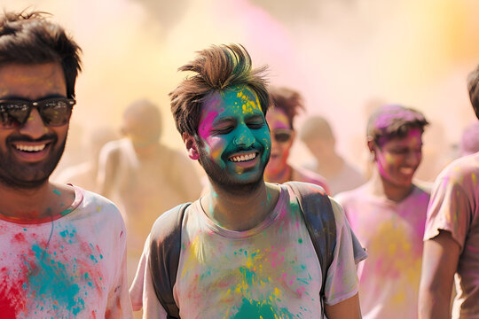 Men in a cloud of powder colors at the Holi festival