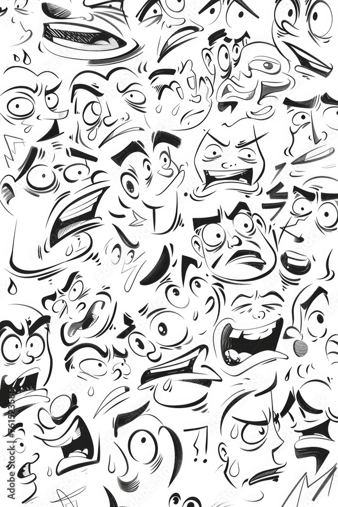 Poster A group of various cartoon faces in black and white. Suitable for graphic design projects