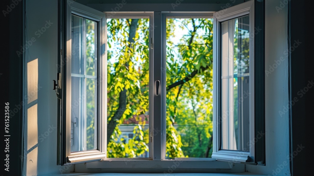 Aufkleber a view of a tree through an open window, perfect for nature themed designs