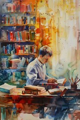 Watercolor of a student in library setting with a stack of books, academic study, art and education