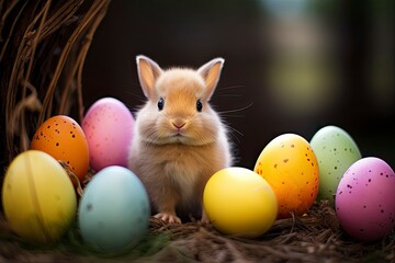 Fototapeta na wymiar Cute creative photo with easter eggs, some eggs as the Easter Bunny - generative ai