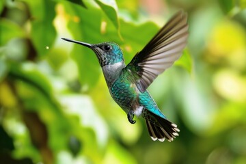 Fototapeta premium A hummingbird in flight looking for nectar in the jungle.