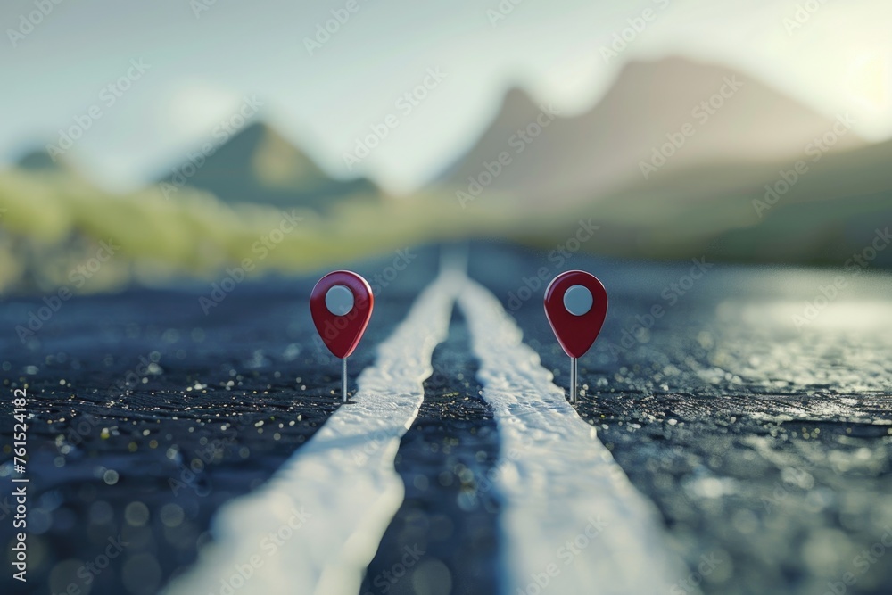 Poster pin markers on a road with scenic mountains in the background, ideal for travel websites or navigati