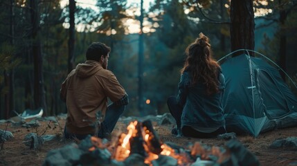 Fototapeta premium A man and a woman sitting next to a campfire. Suitable for outdoor and leisure concepts