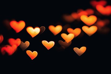 Bokeh lights in the form of hearts on a black background.