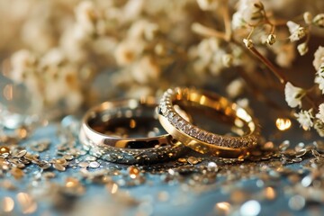 Obraz na płótnie Canvas Glamorous wedding rings on a bright wedding background with copy space.