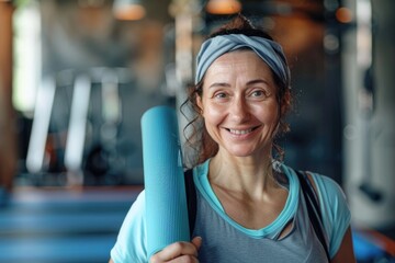 A woman holding a yoga mat in a gym, perfect for fitness and wellness concepts - obrazy, fototapety, plakaty