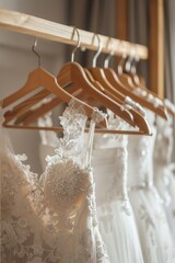 Row of wedding dresses on display. Ideal for bridal shop promotions