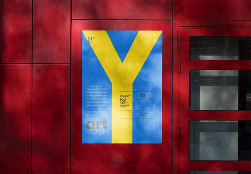 Mockup of customized vertical sign on red wall