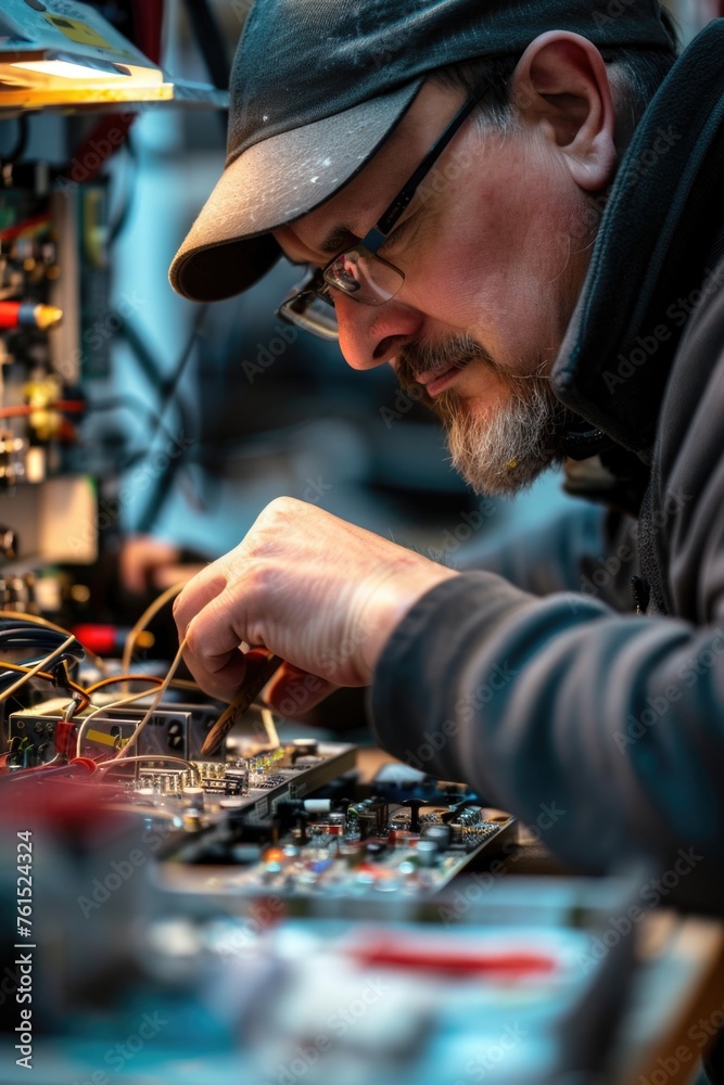 Aufkleber a man focused on repairing a circuit board. suitable for technology and electronics concepts