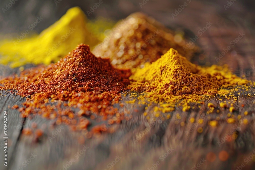 Poster a pile of various spices on a rustic wooden table, perfect for culinary projects