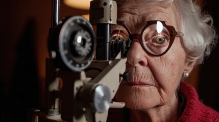 An elderly woman is testing her eyesight and trying on new glasses.