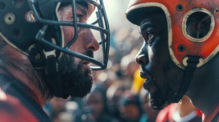 Two football players facing each other with helmets on. Suitable for sports and competition concepts