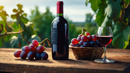 Bottle of red wine and grapes in basket on wooden table in vineyard