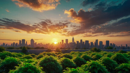 Beautiful sunset in the city park with skyscrapers and green trees