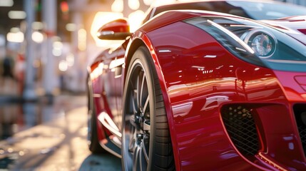 A vibrant red sports car parked on a busy city street. Perfect for automotive and urban themes