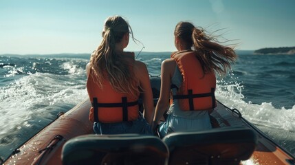 Two women in life jackets riding in a boat. Suitable for outdoor activities promotion - obrazy, fototapety, plakaty