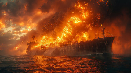 Cargo ship in the sea with big fire - obrazy, fototapety, plakaty