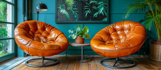 modern living room interior, two modern chairs, plants and blu wall