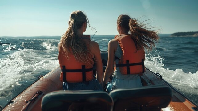 Two women in life jackets riding in a boat. Suitable for outdoor activities promotion
