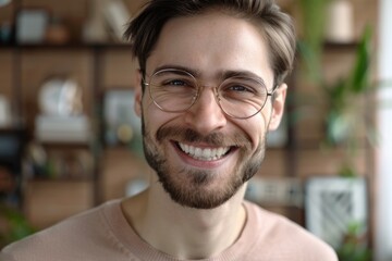 A man with glasses and a beard smiling. Perfect for business or lifestyle concepts