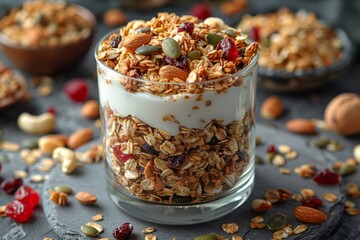 Layered granola parfait with yogurt, raspberries, and almonds in a clear glass.