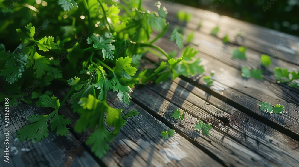 Poster fresh green leaves arranged on a rustic wooden table. suitable for nature and eco-friendly concepts