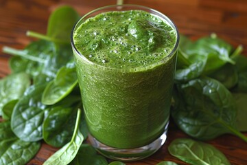 Fresh spinach smoothie in a tall glass surrounded by spinach leaves.