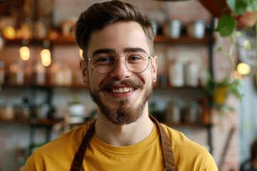 Obraz premium A man with a beard wearing glasses and a yellow shirt