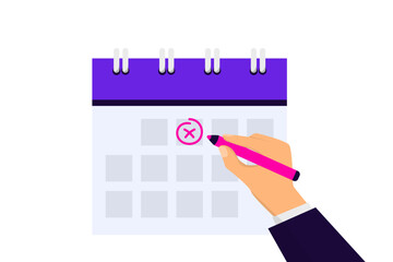 Calendar icon. Reminder in calendar. Hand with pen mark calendar. Mark the date, holiday, important day concepts. Alert for business planning ,events, reminder. Vector illustration