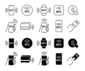 Nfc icon set. Contactless wireless pay sign logo. NFC payments icon for apps. Contactless NFC payment sign. NFC payment with smartphone icons. Vector illustration - obrazy, fototapety, plakaty