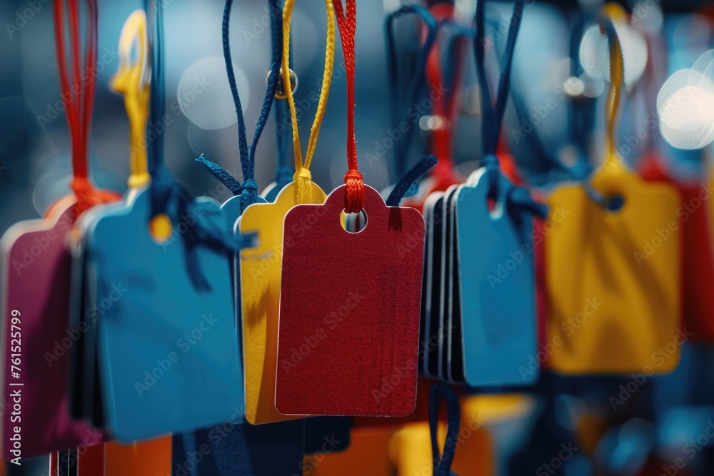 Poster A bunch of tags hanging from a string. Ideal for labeling or organizing items