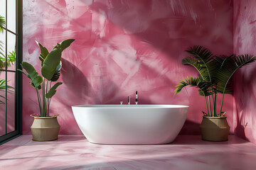 Modern Bathroom Interior with Freestanding Bathtub and Exotic Plants by Sunlit Window on Vibrant Pink Textured Wall Background